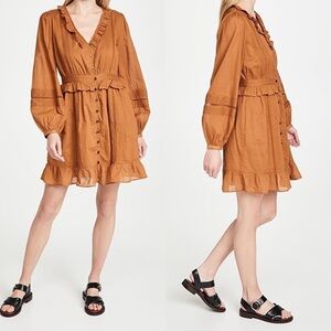 Scotch & Soda Ruffle Organic Cotton Long Sleeve Dress Spice Brown Large NWT